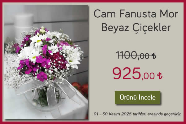 Cam Fanusta Mor Beyaz Çiçekler 01 - 30 Kasım 2025 tarihleri arası geçerli, tavşanlı çiçekçi
