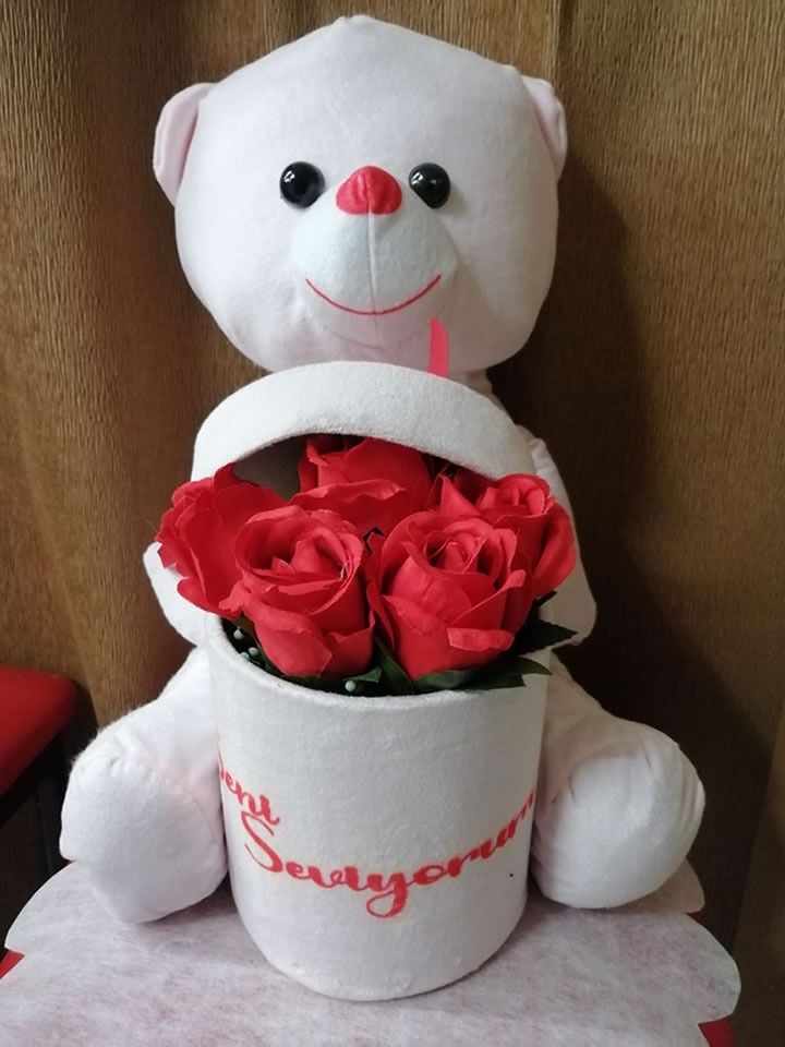 Beyaz Ayıcık ve Kutulu Kırmızı Güller - Tavşanlı çiçek siparişi